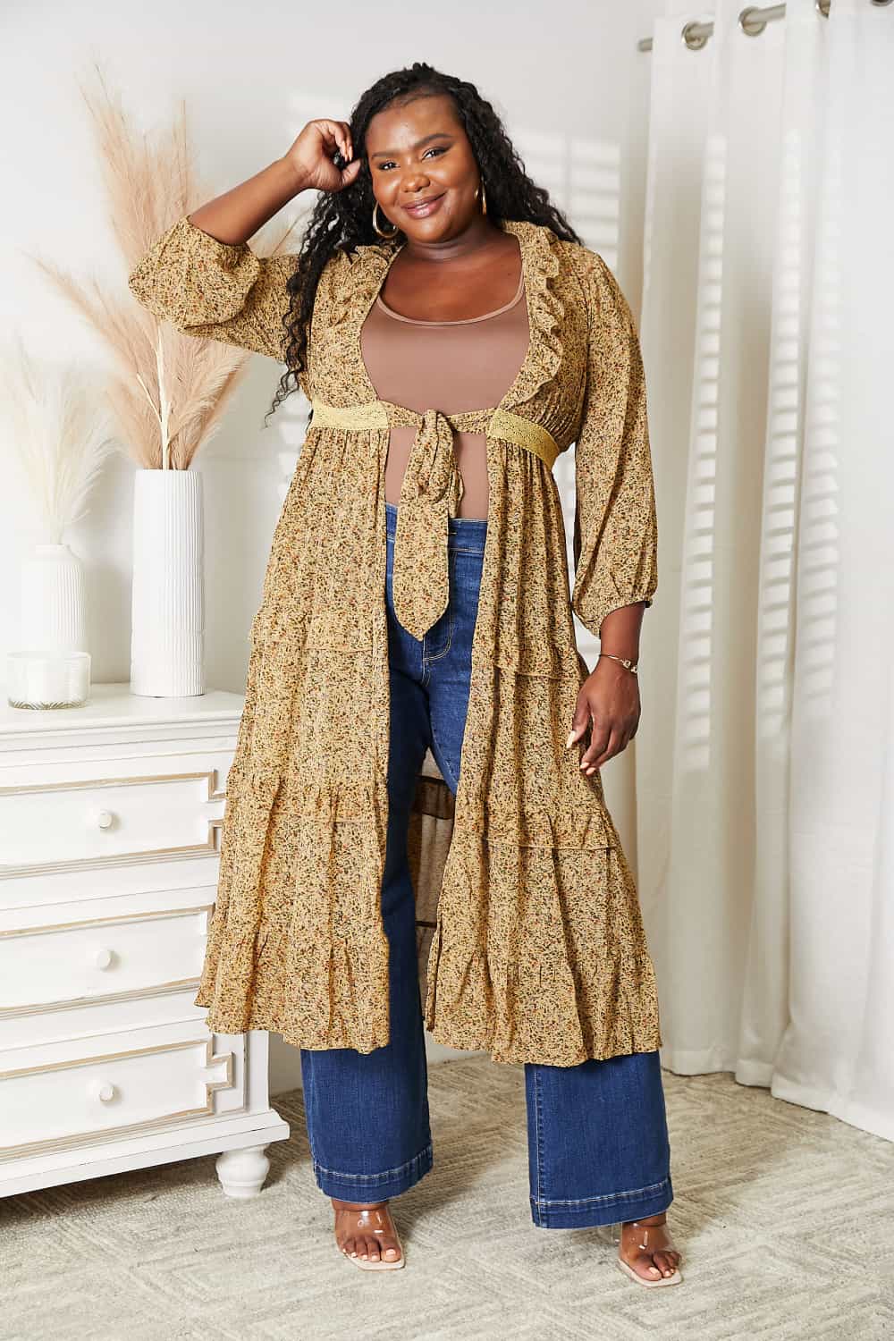 HEYSON Full Size Tie Front Ruffled Duster Cardigan BLUE ZONE PLANET