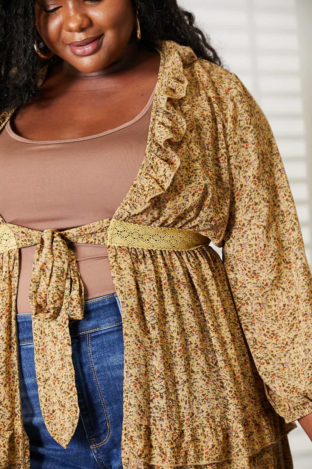 HEYSON Full Size Tie Front Ruffled Duster Cardigan BLUE ZONE PLANET