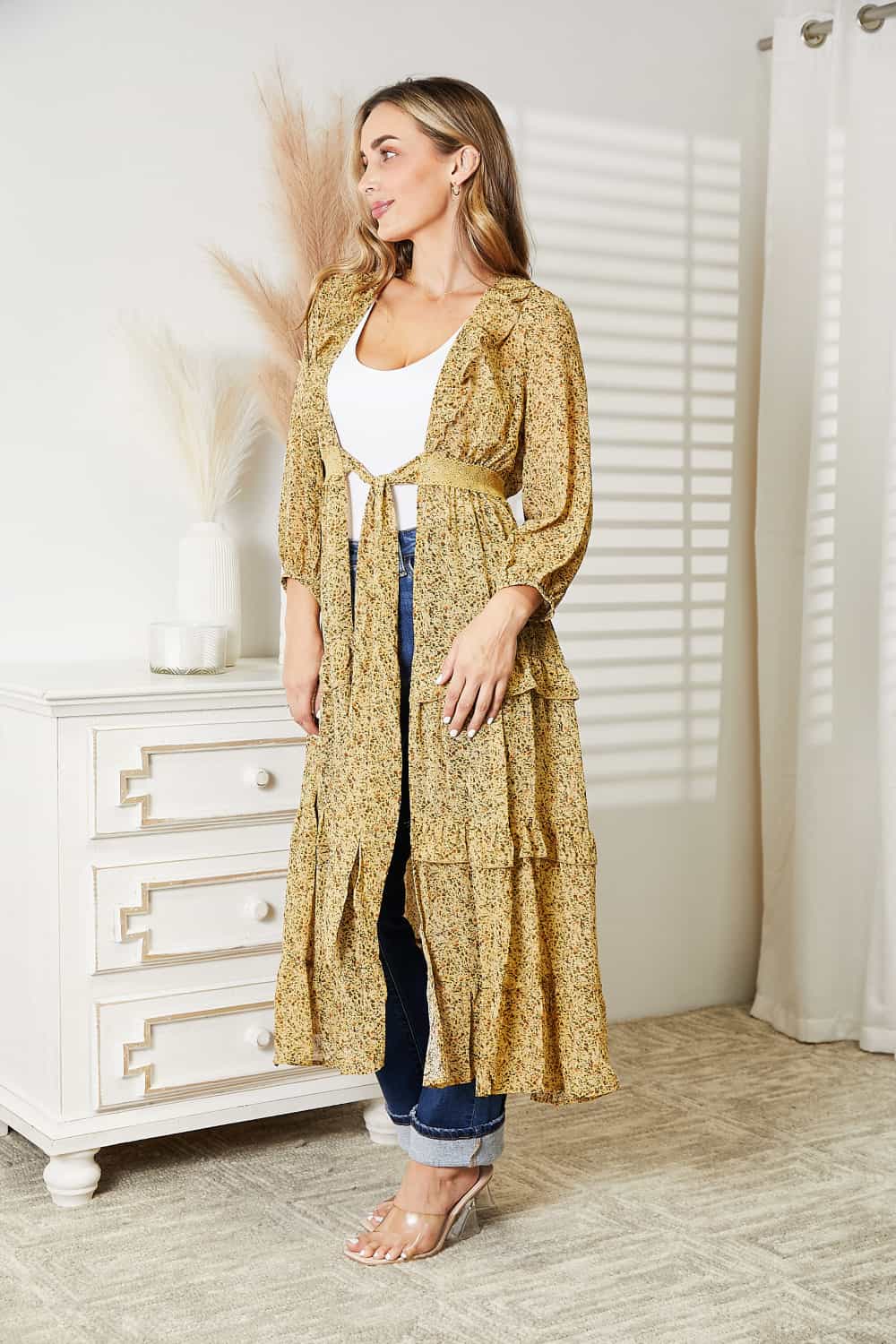 HEYSON Full Size Tie Front Ruffled Duster Cardigan BLUE ZONE PLANET