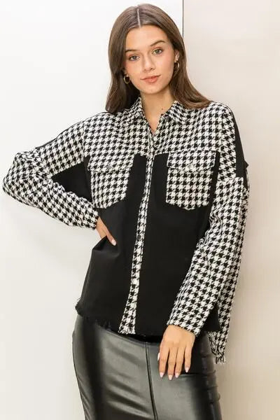 HYFVE Houndstooth Contrast Raw Hem Jacket BLUE ZONE PLANET