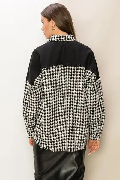 HYFVE Houndstooth Contrast Raw Hem Jacket BLUE ZONE PLANET