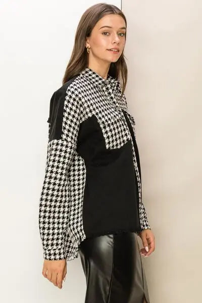 HYFVE Houndstooth Contrast Raw Hem Jacket BLUE ZONE PLANET