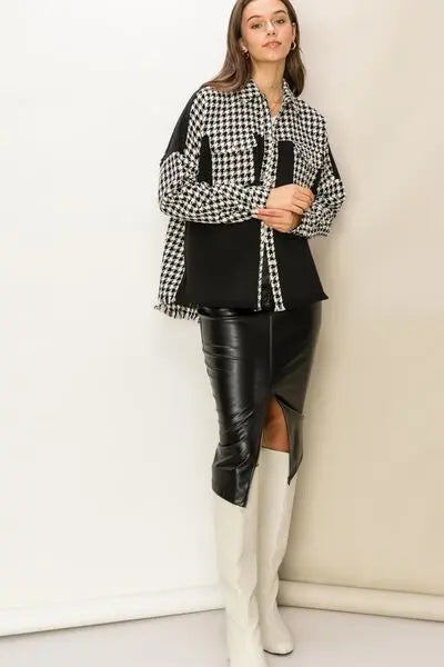HYFVE Houndstooth Contrast Raw Hem Jacket BLUE ZONE PLANET