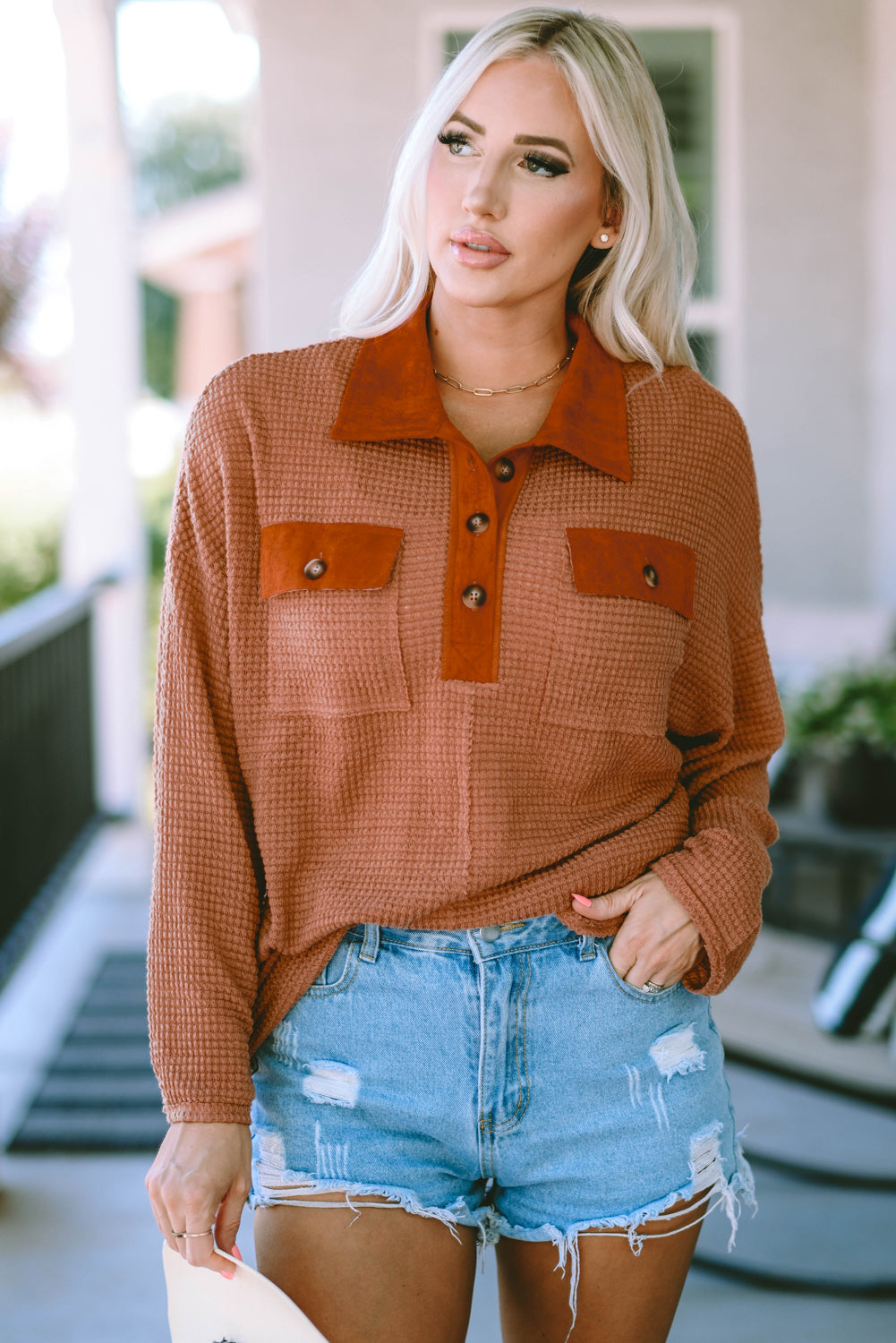 Half-Button Collared Long Sleeve Top BLUE ZONE PLANET