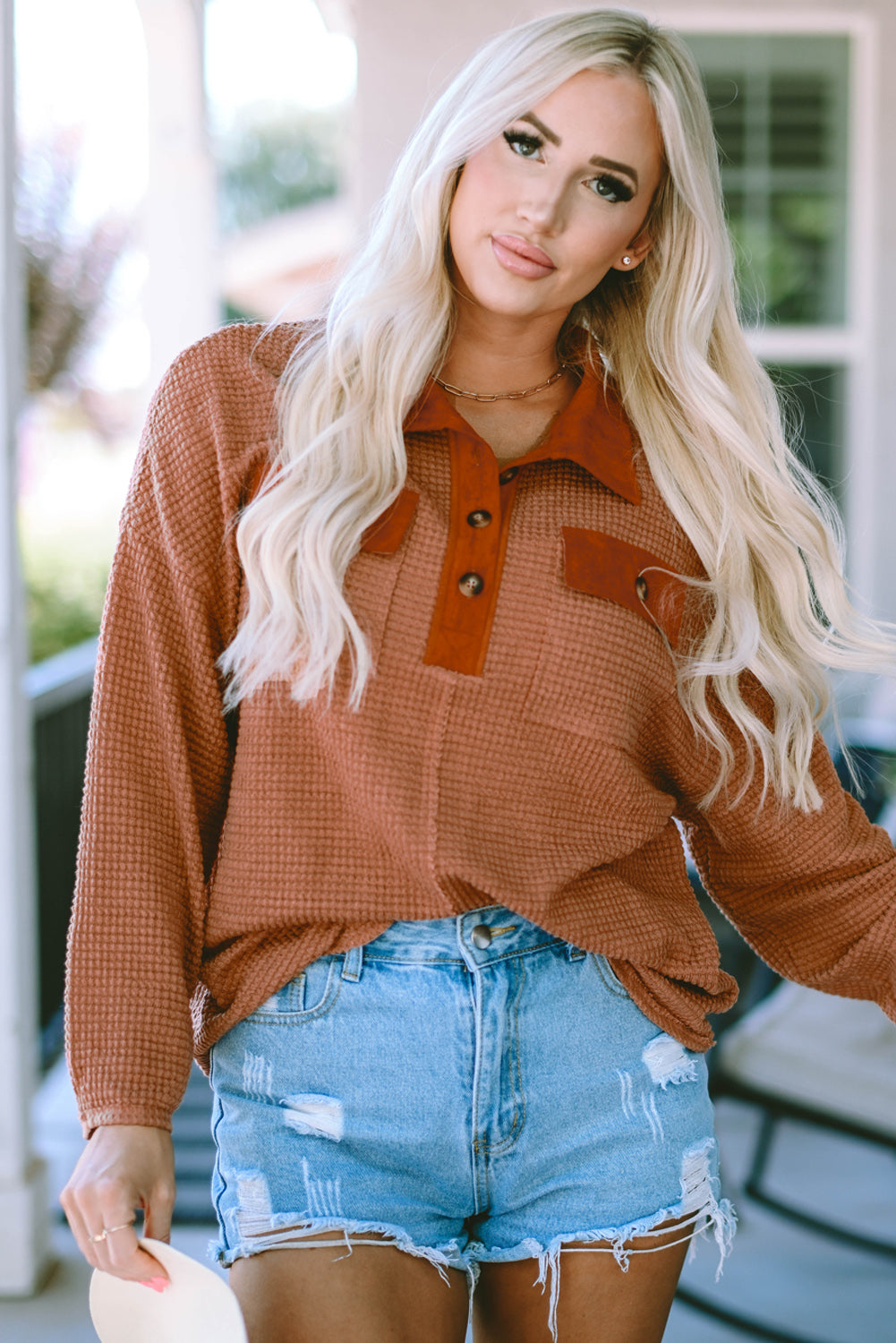 Half-Button Collared Long Sleeve Top BLUE ZONE PLANET