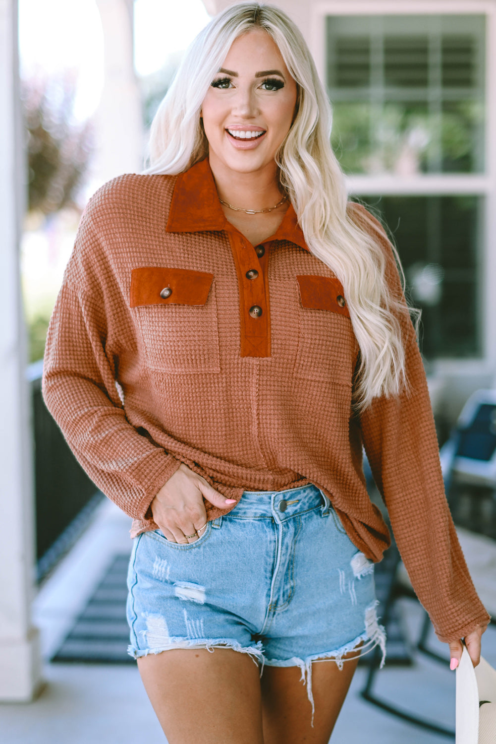 Half-Button Collared Long Sleeve Top BLUE ZONE PLANET