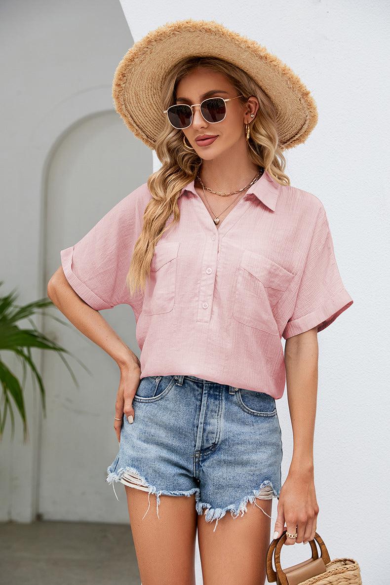 Half Button Johnny Collar Blouse BLUE ZONE PLANET