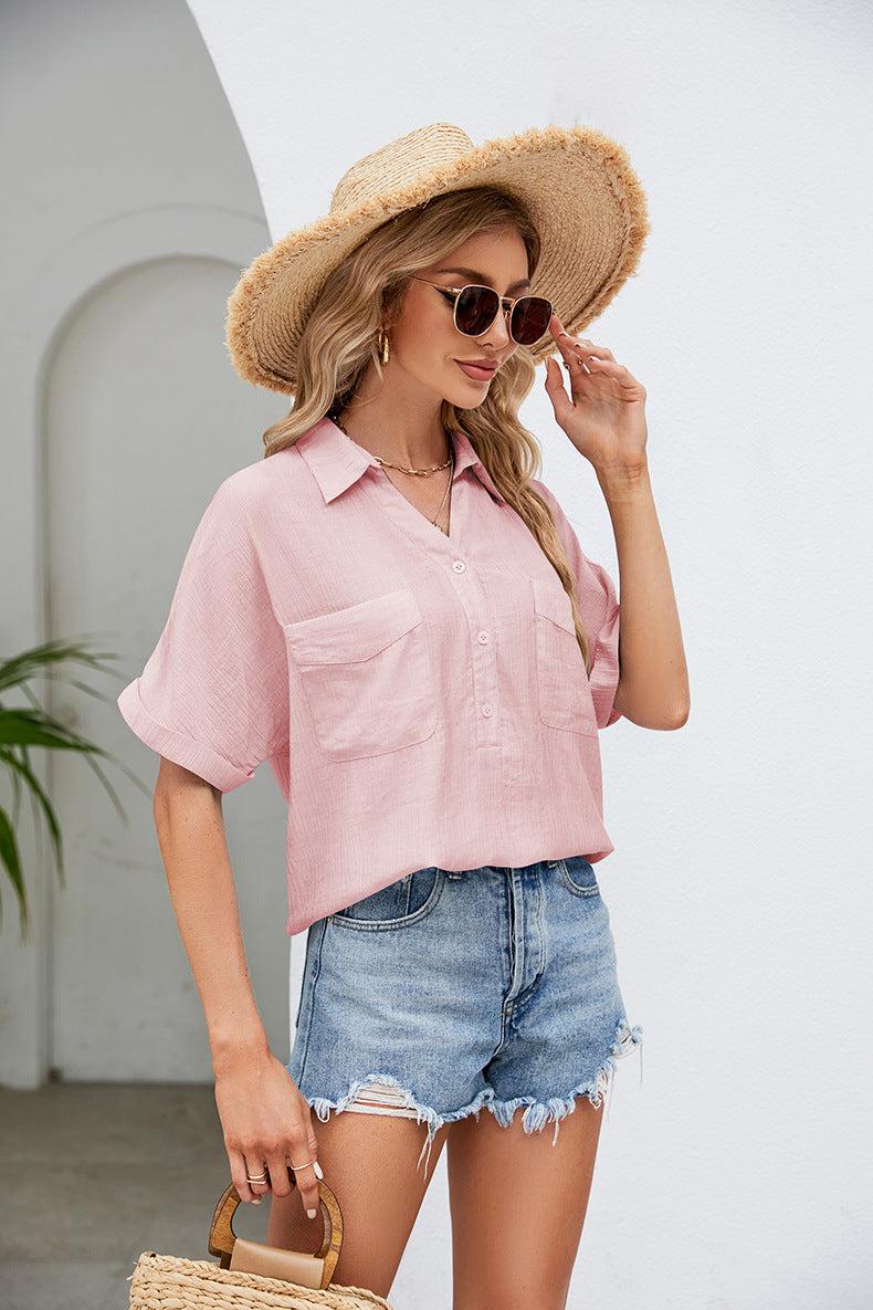 Half Button Johnny Collar Blouse BLUE ZONE PLANET