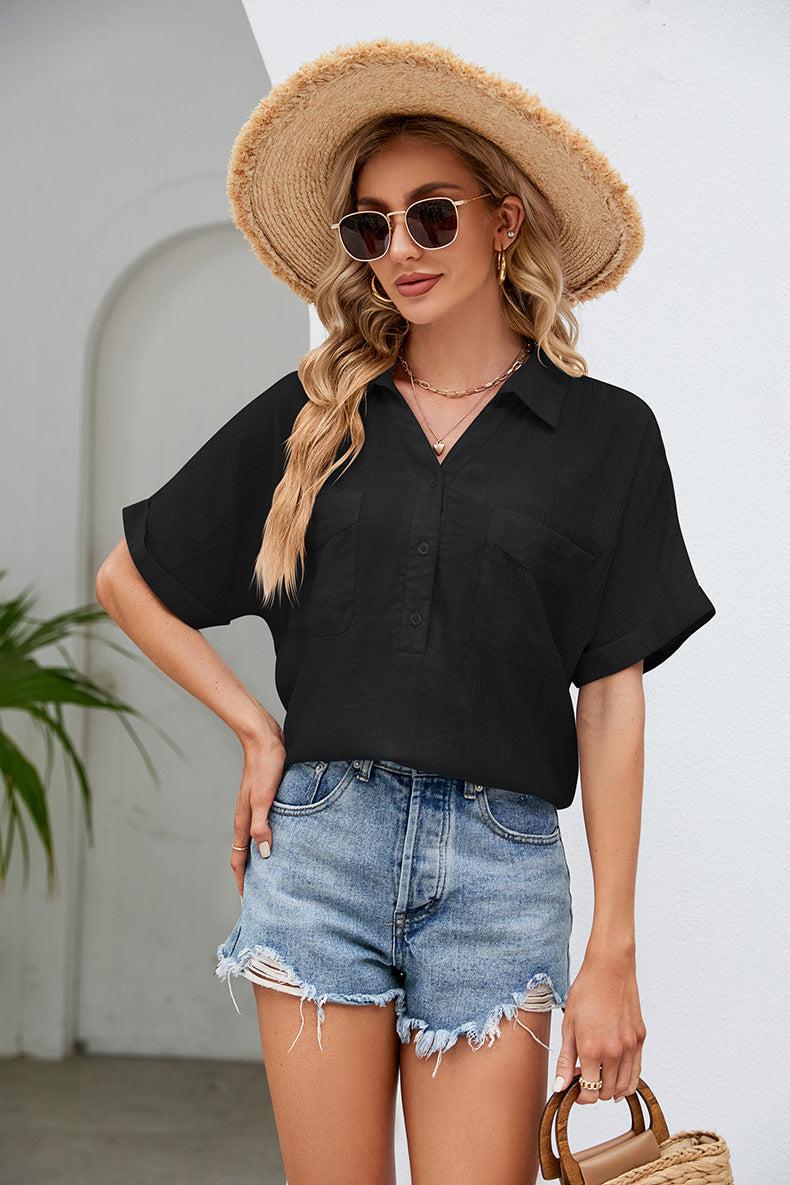 Half Button Johnny Collar Blouse BLUE ZONE PLANET