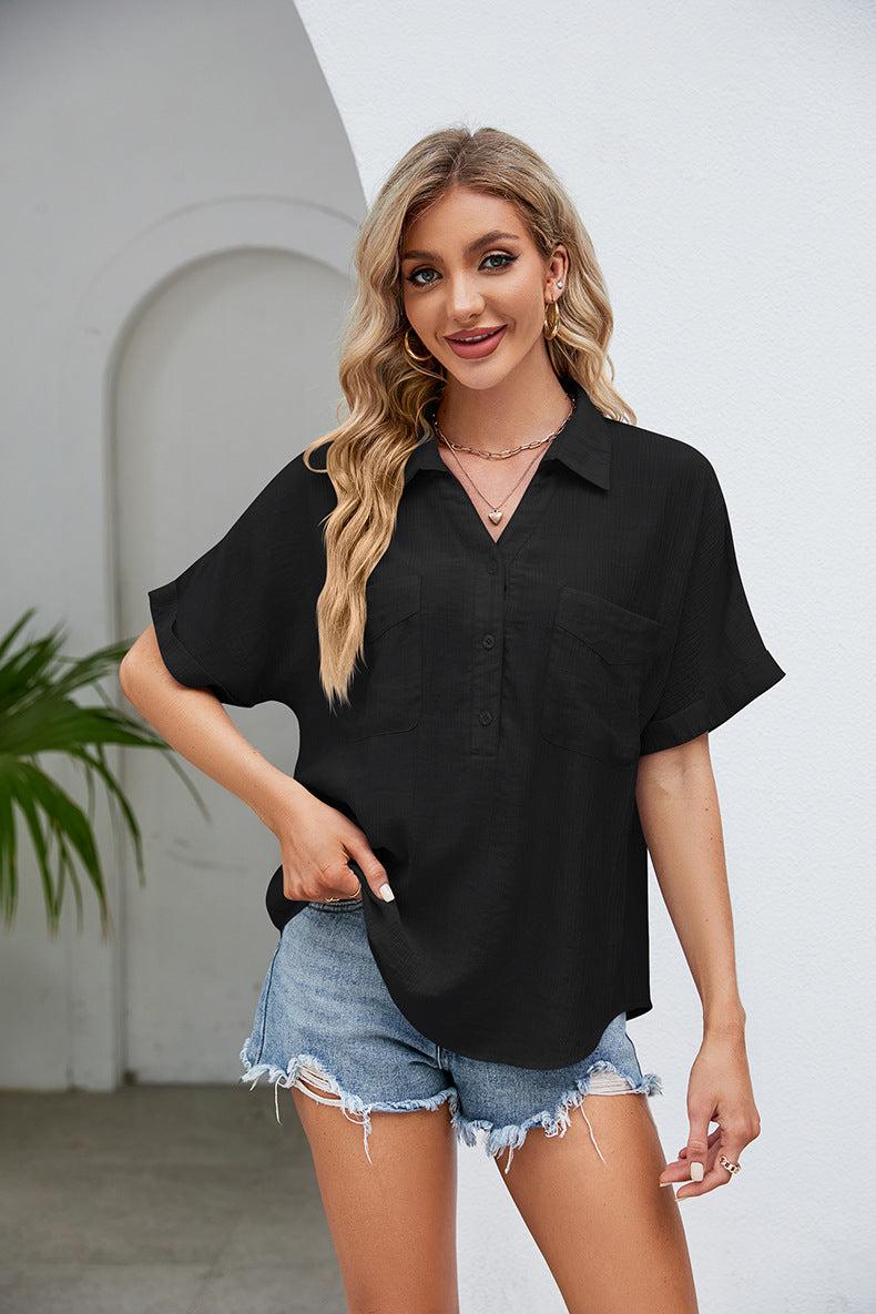 Half Button Johnny Collar Blouse BLUE ZONE PLANET