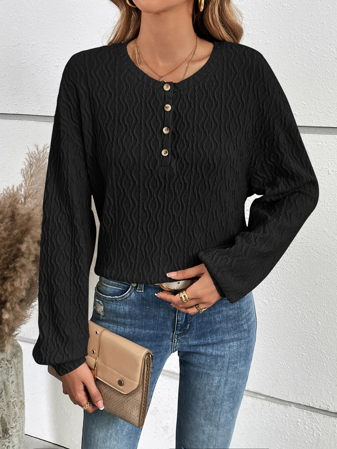 Half Button Long Sleeve Top BLUE ZONE PLANET