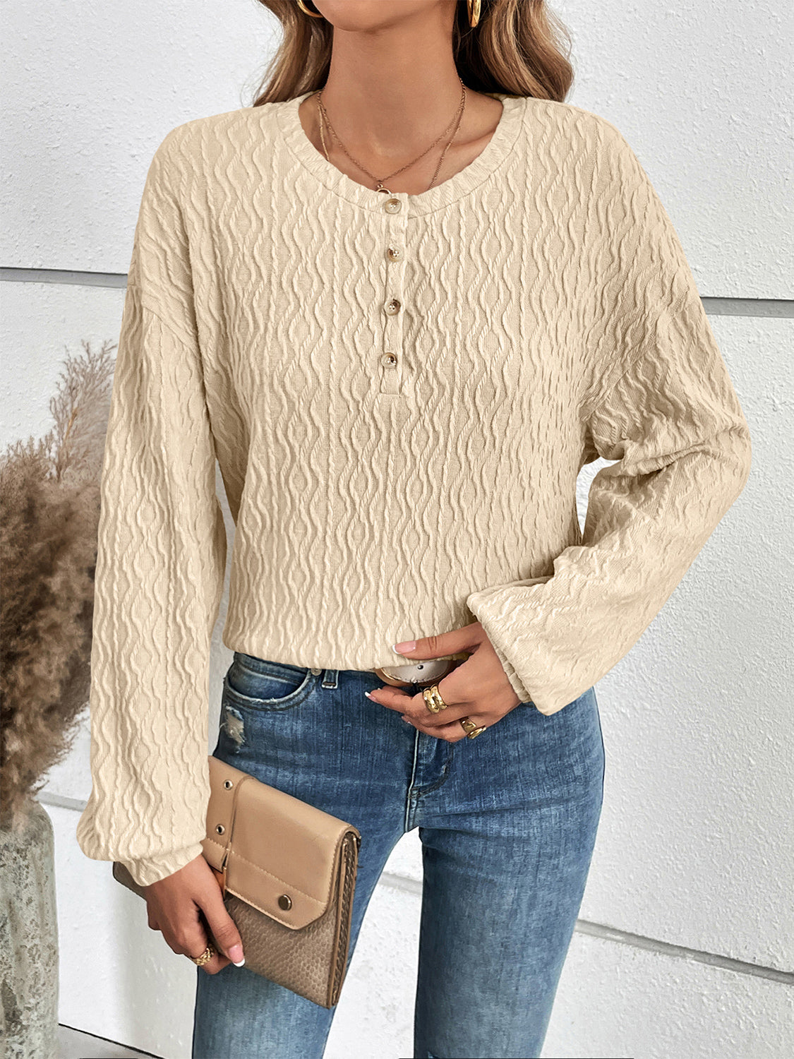 Half Button Long Sleeve Top BLUE ZONE PLANET