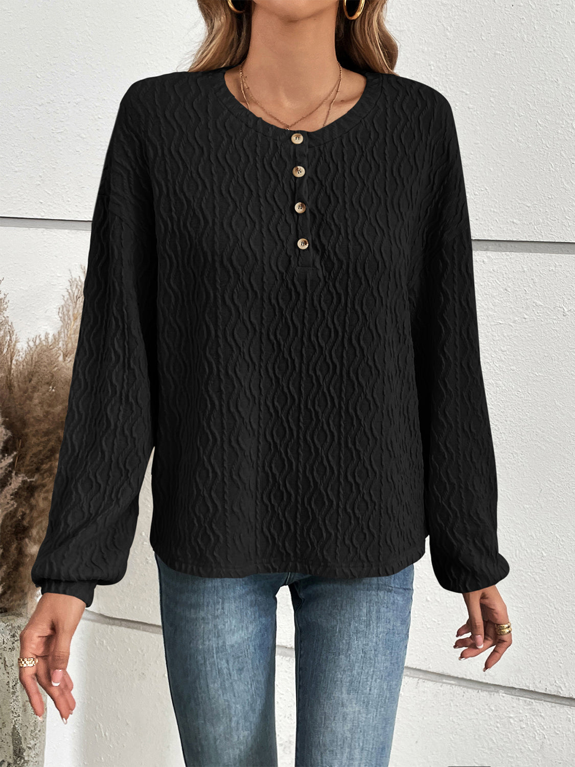 Half Button Long Sleeve Top BLUE ZONE PLANET