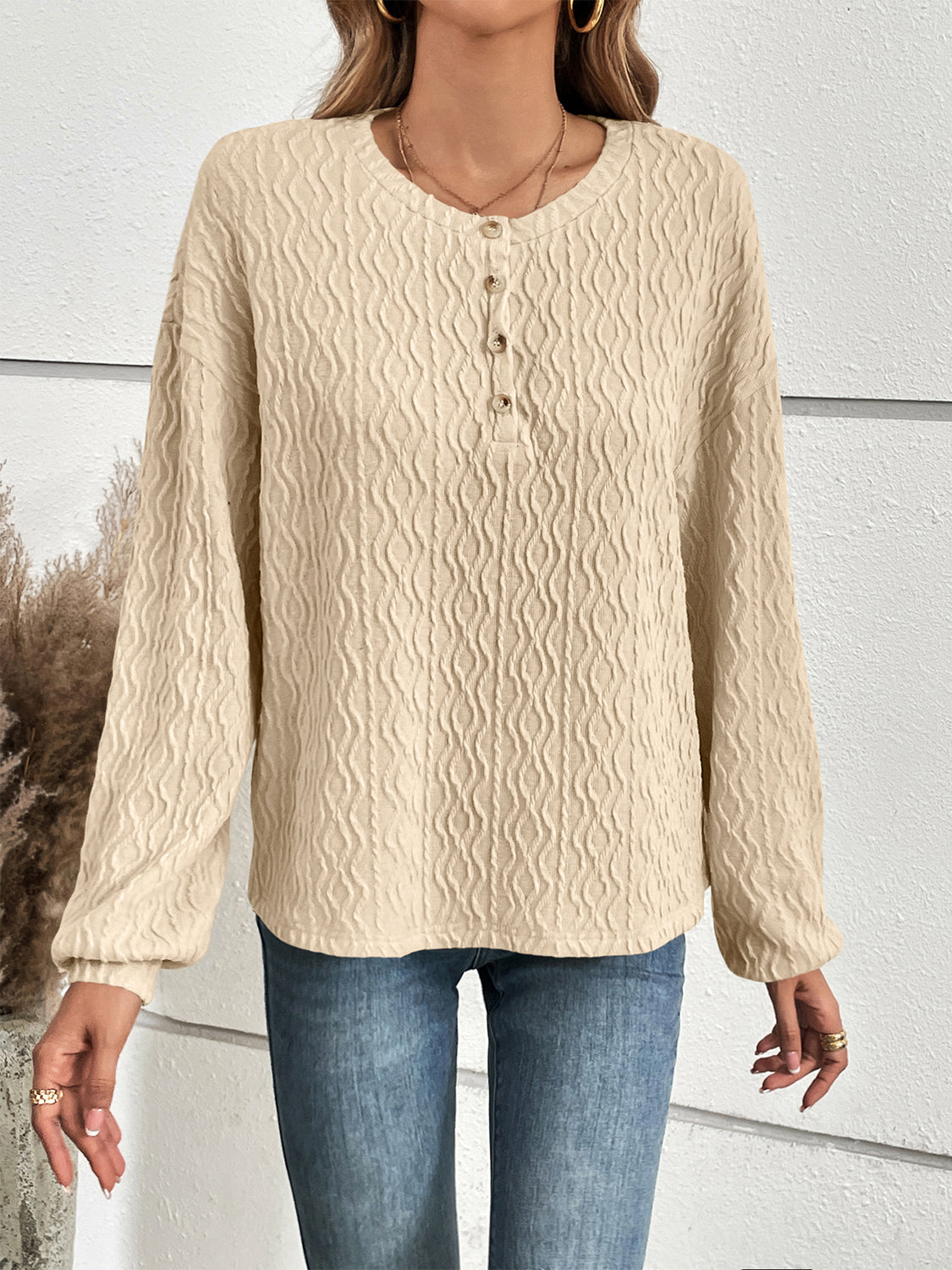 Half Button Long Sleeve Top BLUE ZONE PLANET