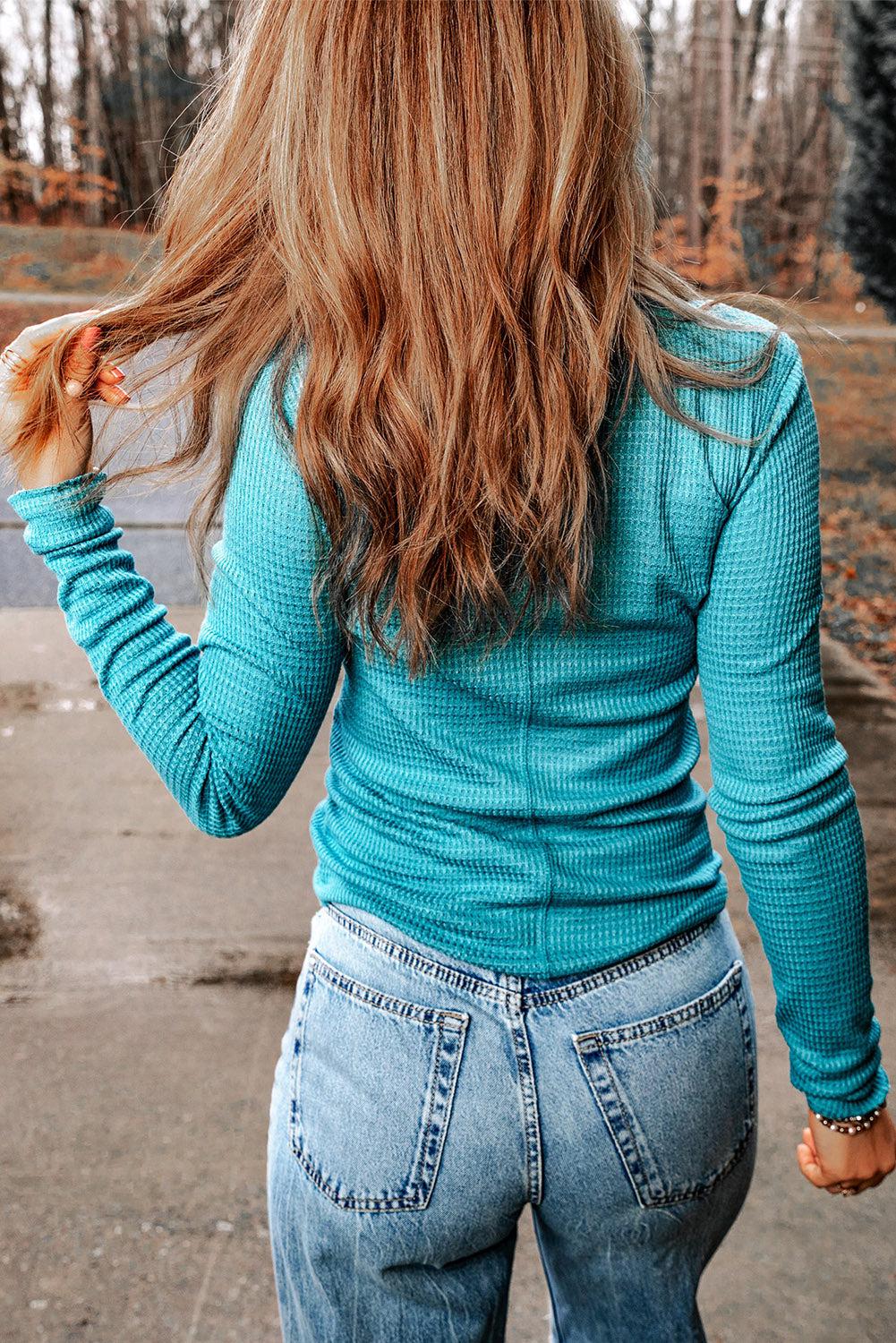 Half-Snap Round Neck Long Sleeve Top BLUE ZONE PLANET