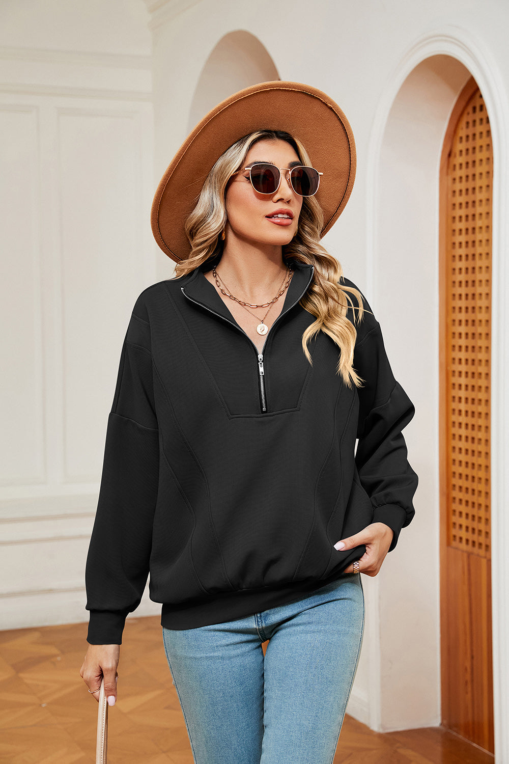 Half-Zip Dropped Shoulder Sweatshirt BLUE ZONE PLANET