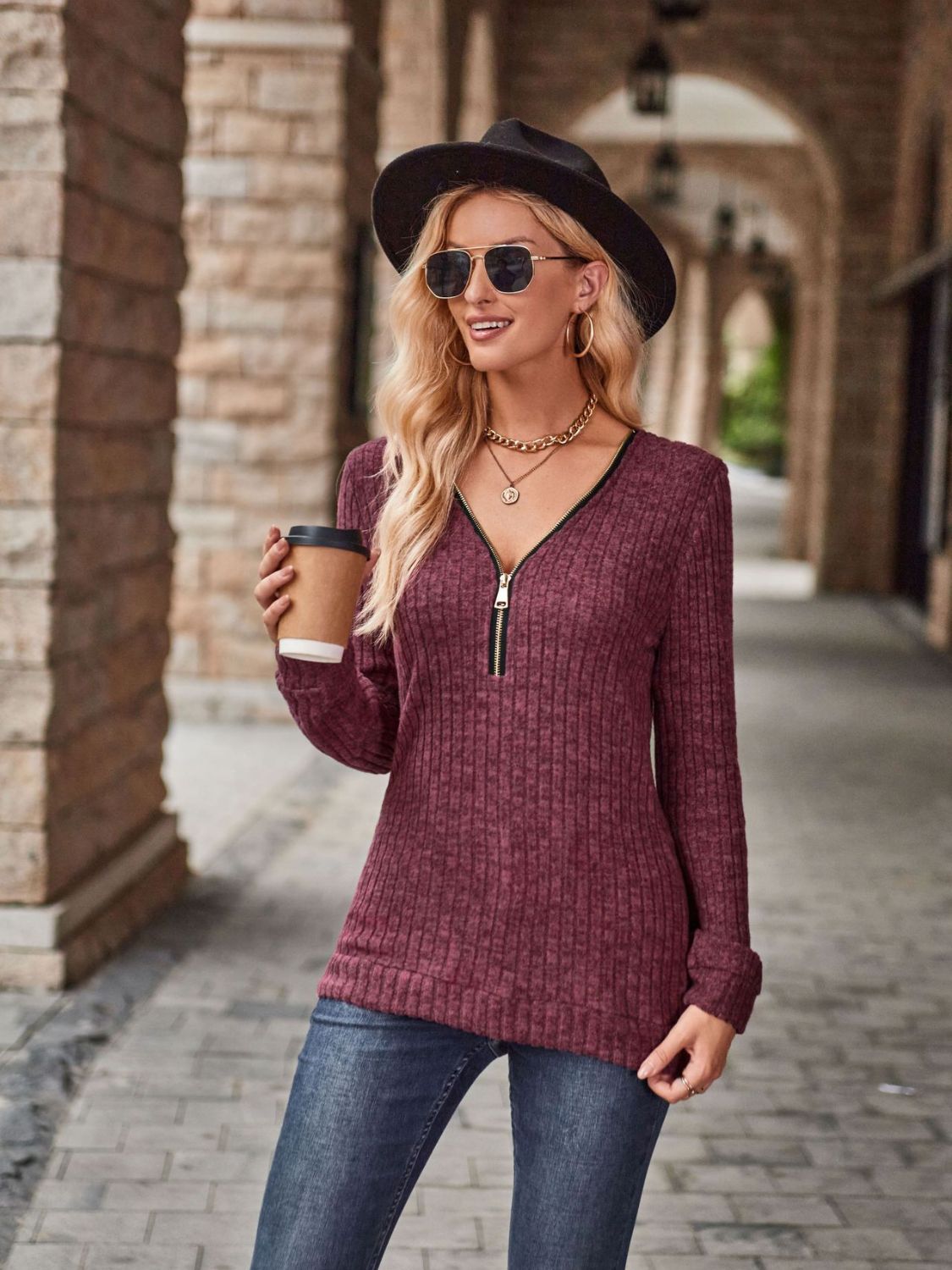 Half-Zip V-Neck Long Sleeve Top BLUE ZONE PLANET