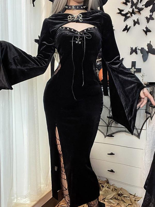 Halloween New Hooded Flare Sleeve Spider Web Dress BLUE ZONE PLANET