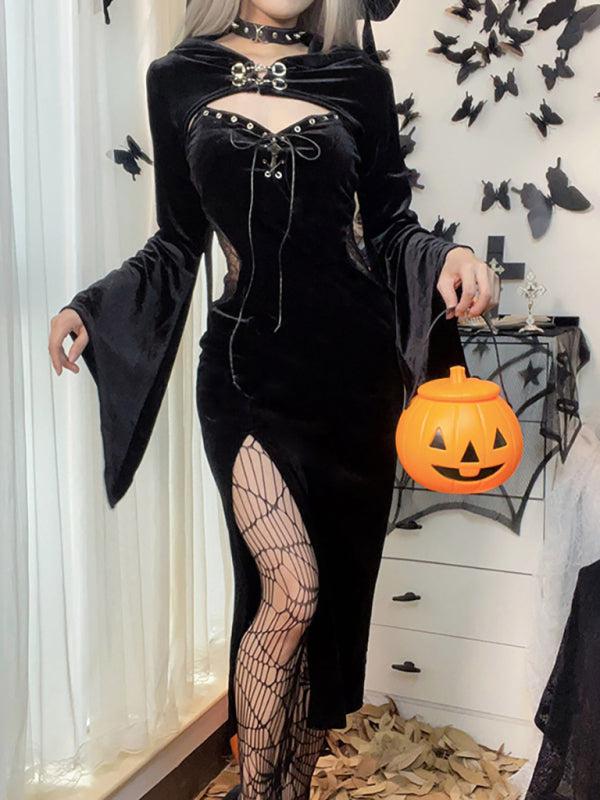 Halloween New Hooded Flare Sleeve Spider Web Dress BLUE ZONE PLANET