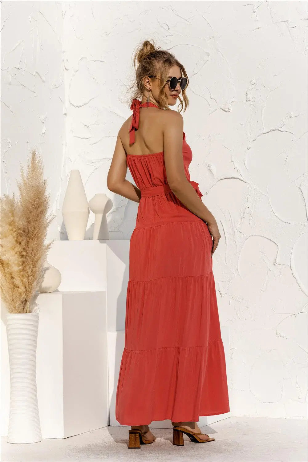 Halter Neck Tie Waist Tiered Maxi Dress BLUE ZONE PLANET