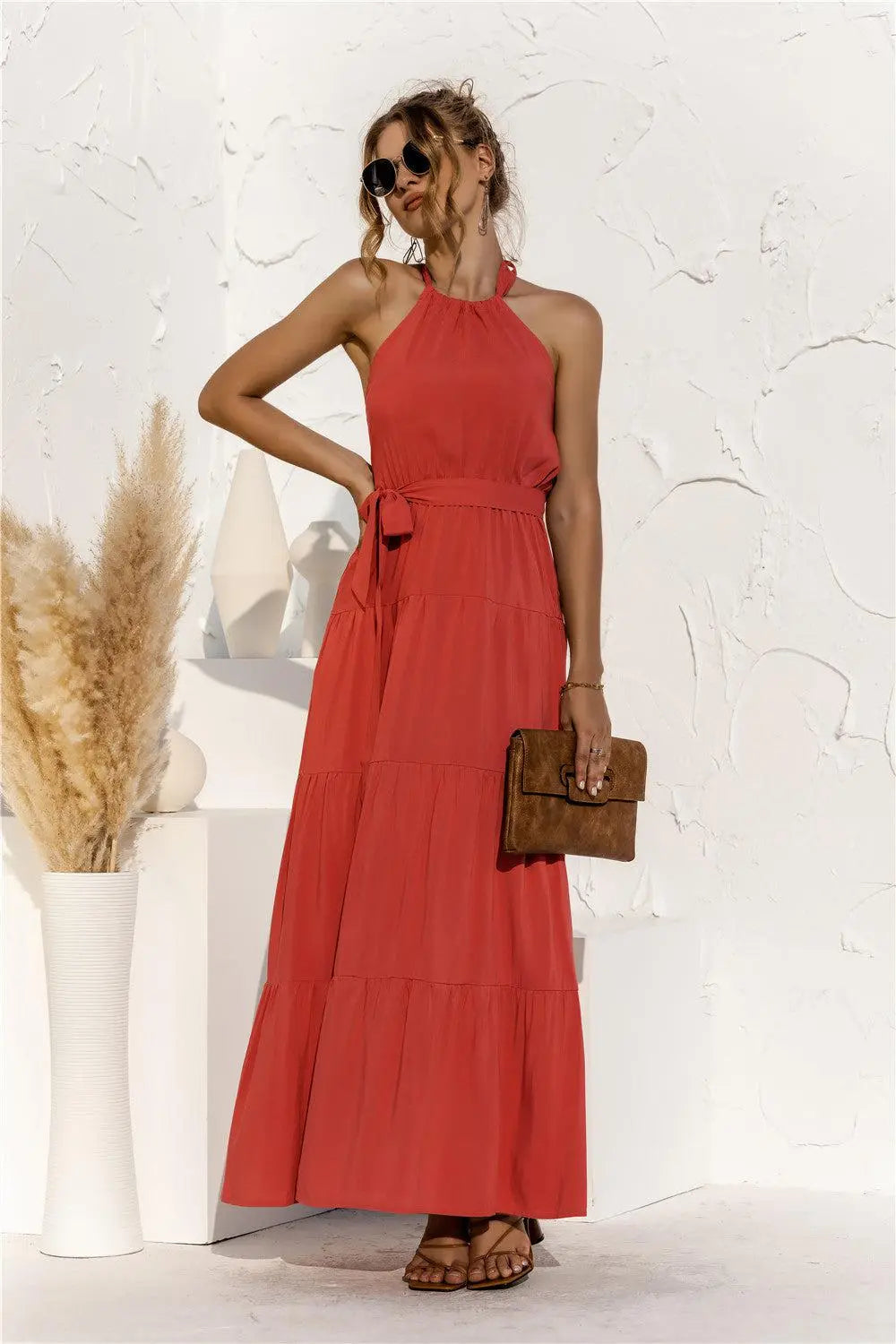 Halter Neck Tie Waist Tiered Maxi Dress BLUE ZONE PLANET