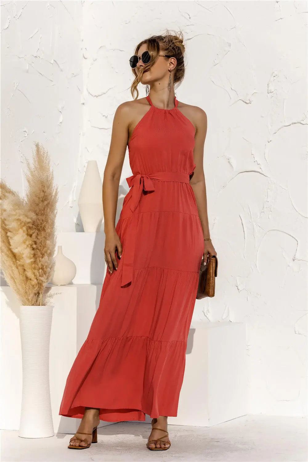 Halter Neck Tie Waist Tiered Maxi Dress BLUE ZONE PLANET