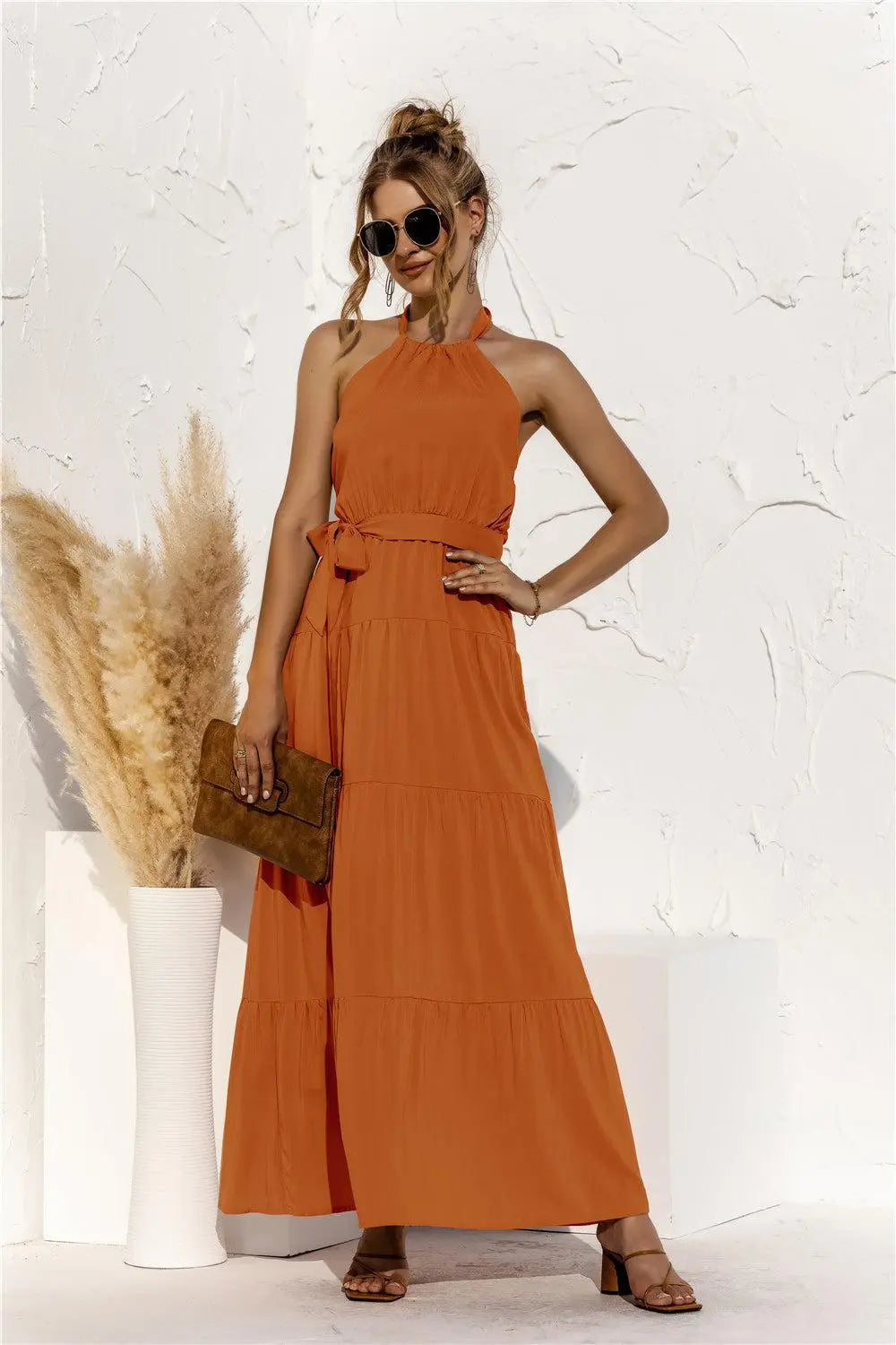 Halter Neck Tie Waist Tiered Maxi Dress BLUE ZONE PLANET