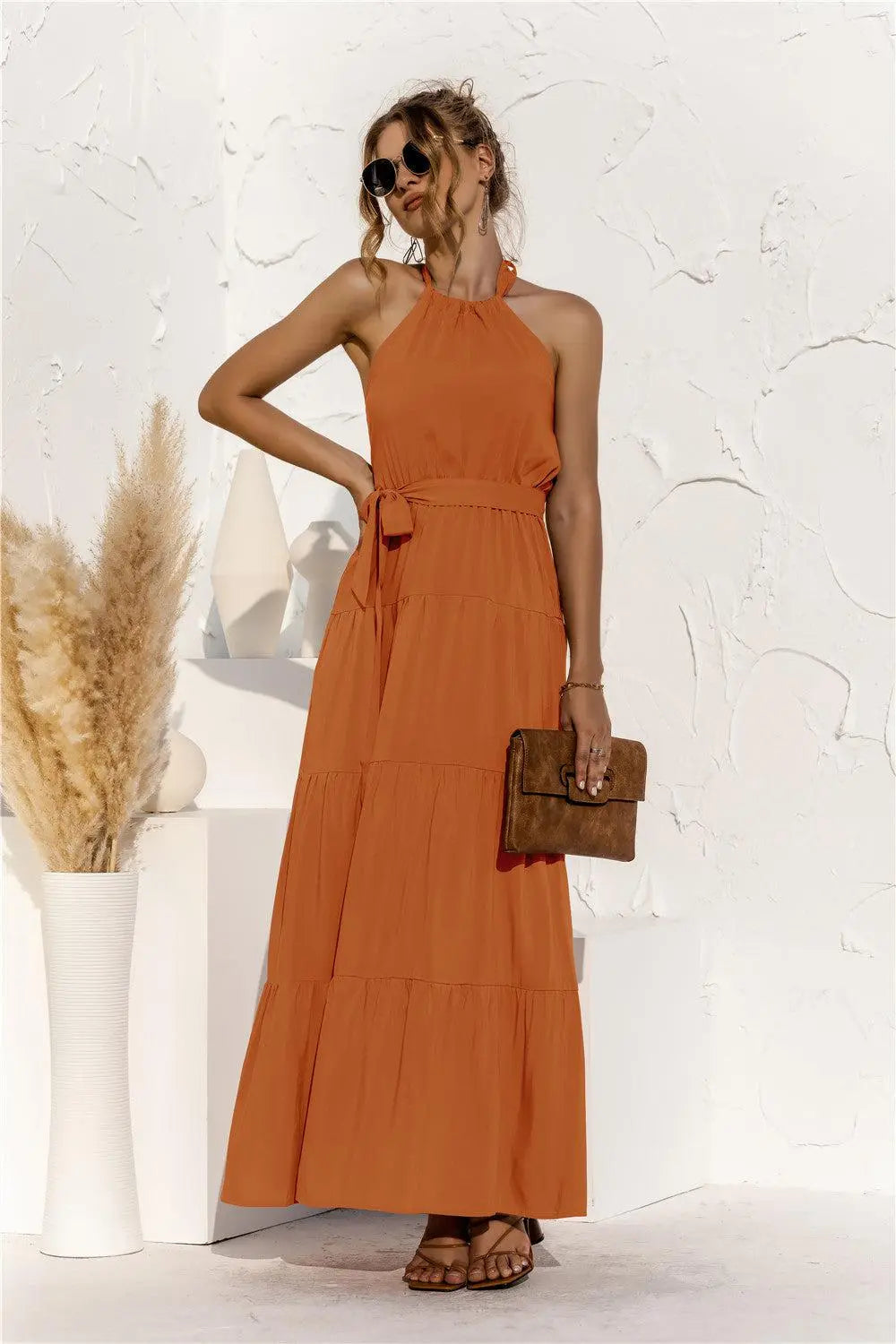 Halter Neck Tie Waist Tiered Maxi Dress BLUE ZONE PLANET