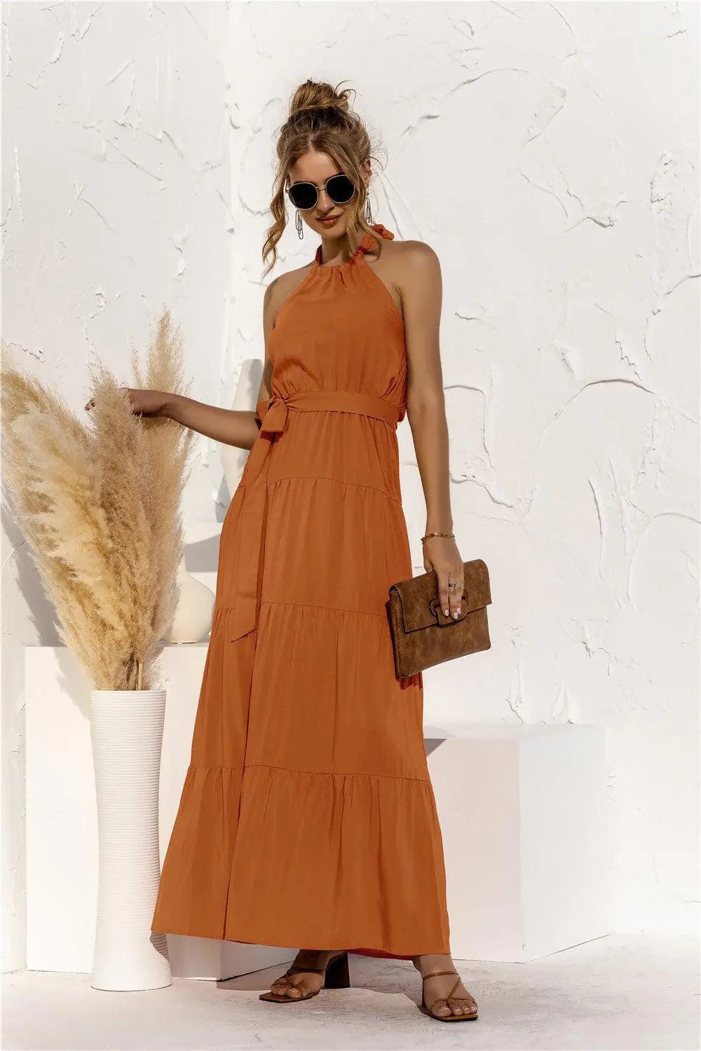 Halter Neck Tie Waist Tiered Maxi Dress BLUE ZONE PLANET
