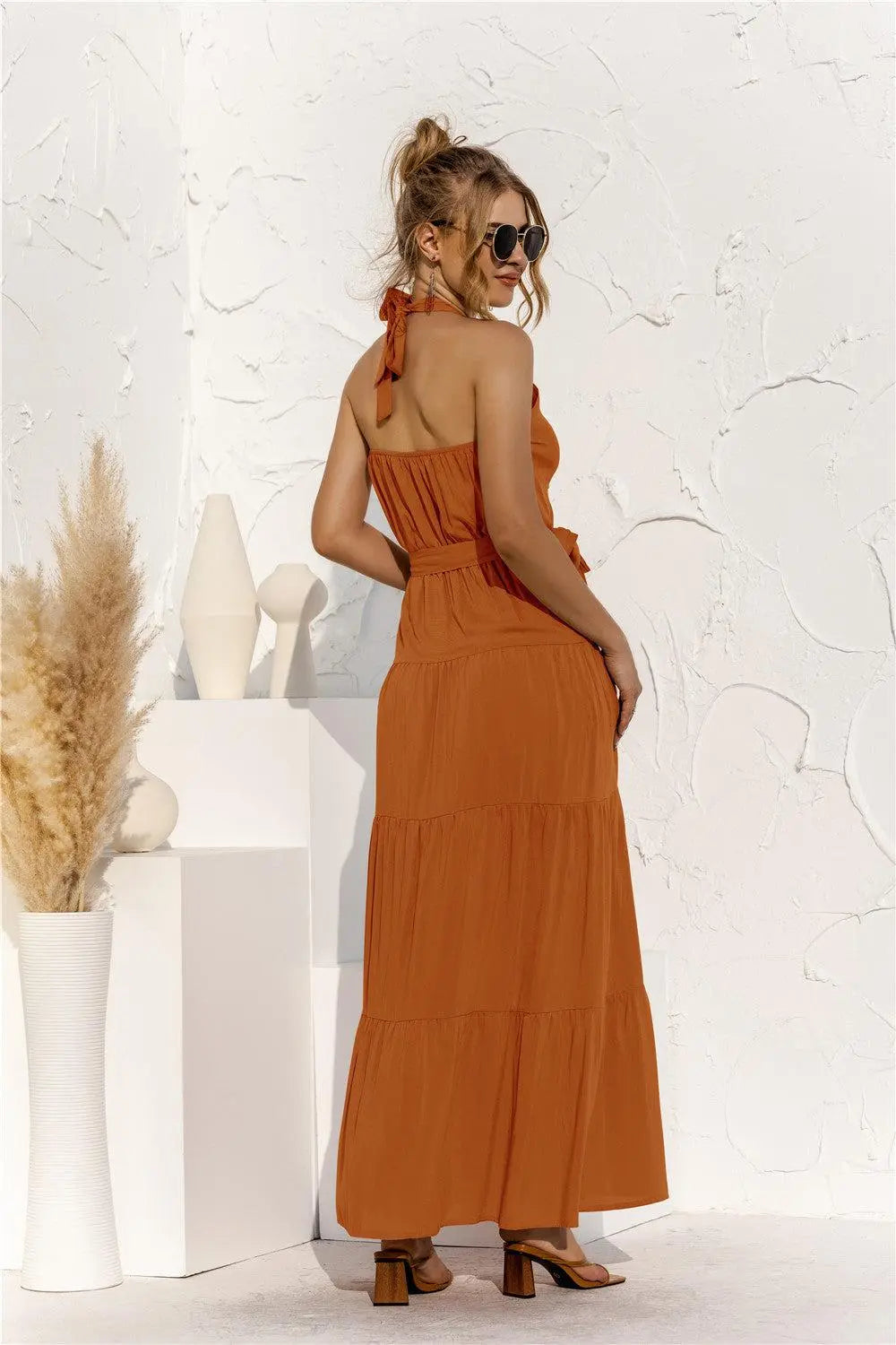 Halter Neck Tie Waist Tiered Maxi Dress BLUE ZONE PLANET