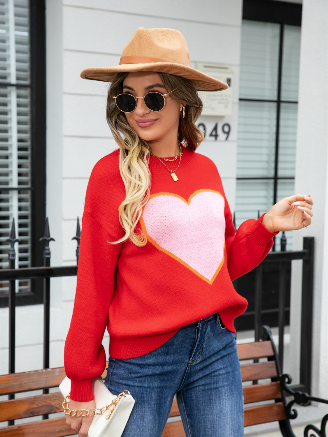 Heart Graphic Round Neck Sweater BLUE ZONE PLANET