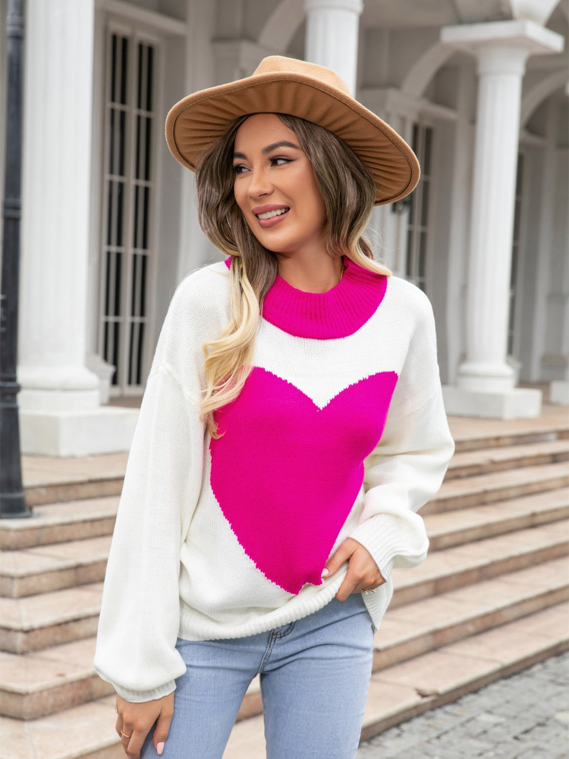 Heart Graphic Round Neck Sweater BLUE ZONE PLANET