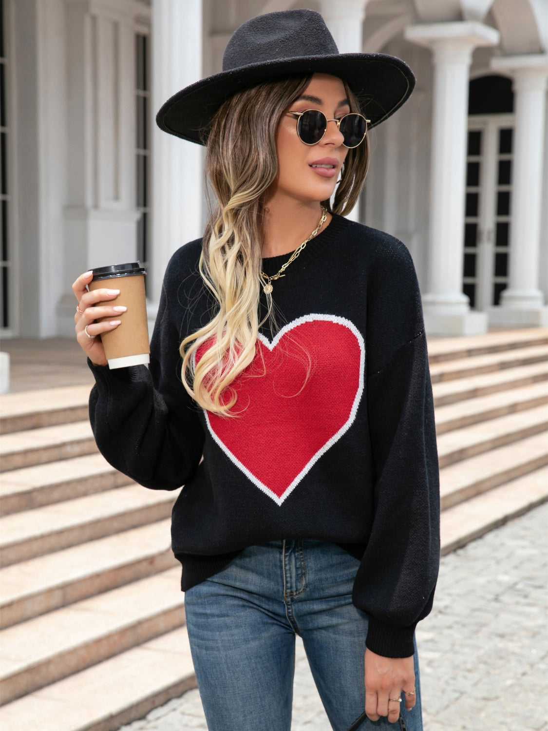 Heart Graphic Round Neck Sweater BLUE ZONE PLANET