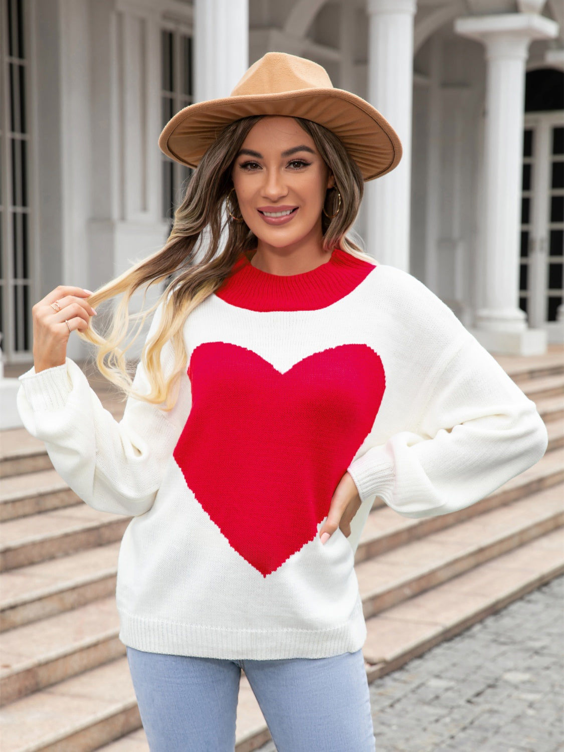 Heart Graphic Round Neck Sweater BLUE ZONE PLANET