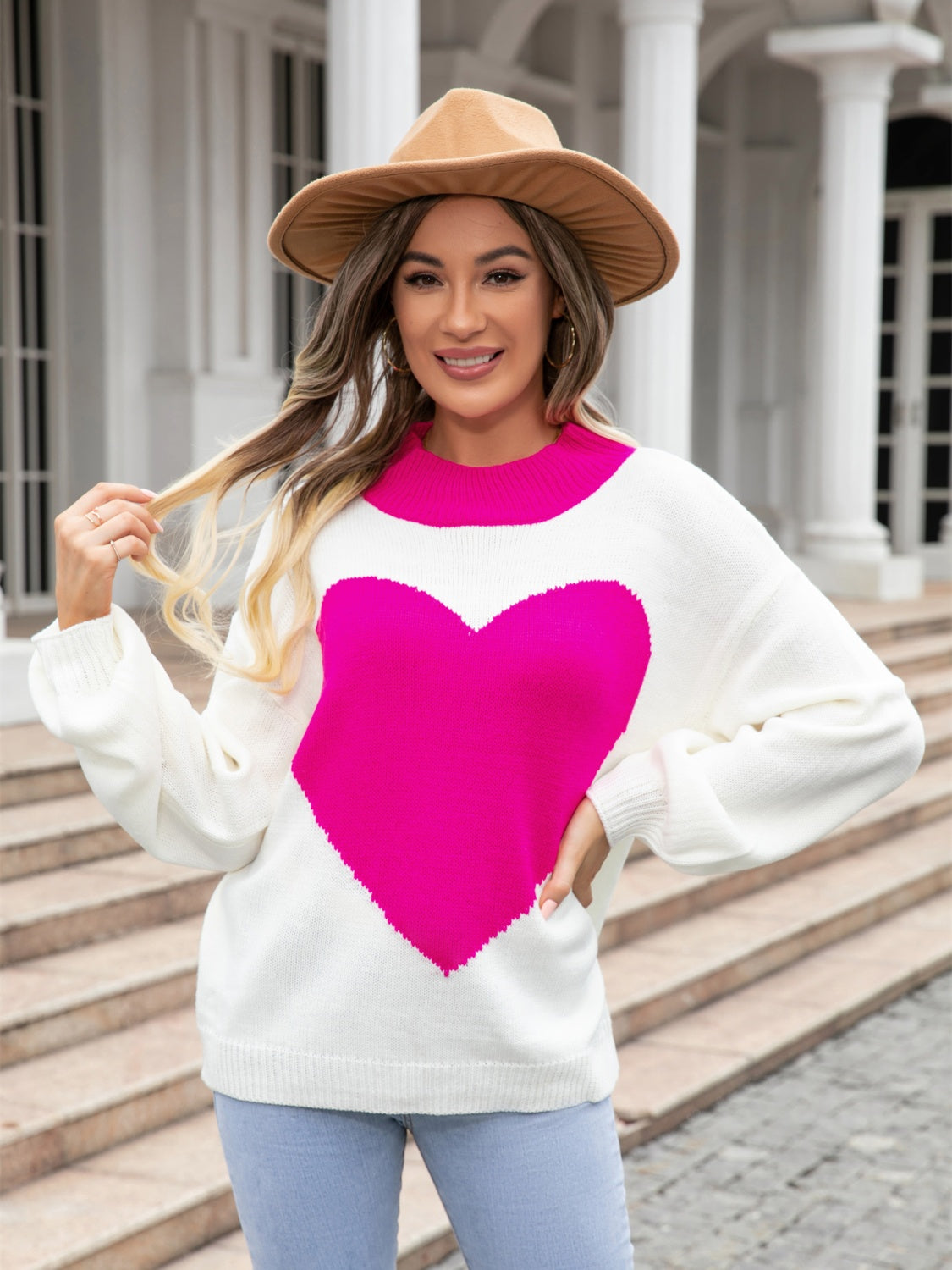 Heart Graphic Round Neck Sweater BLUE ZONE PLANET