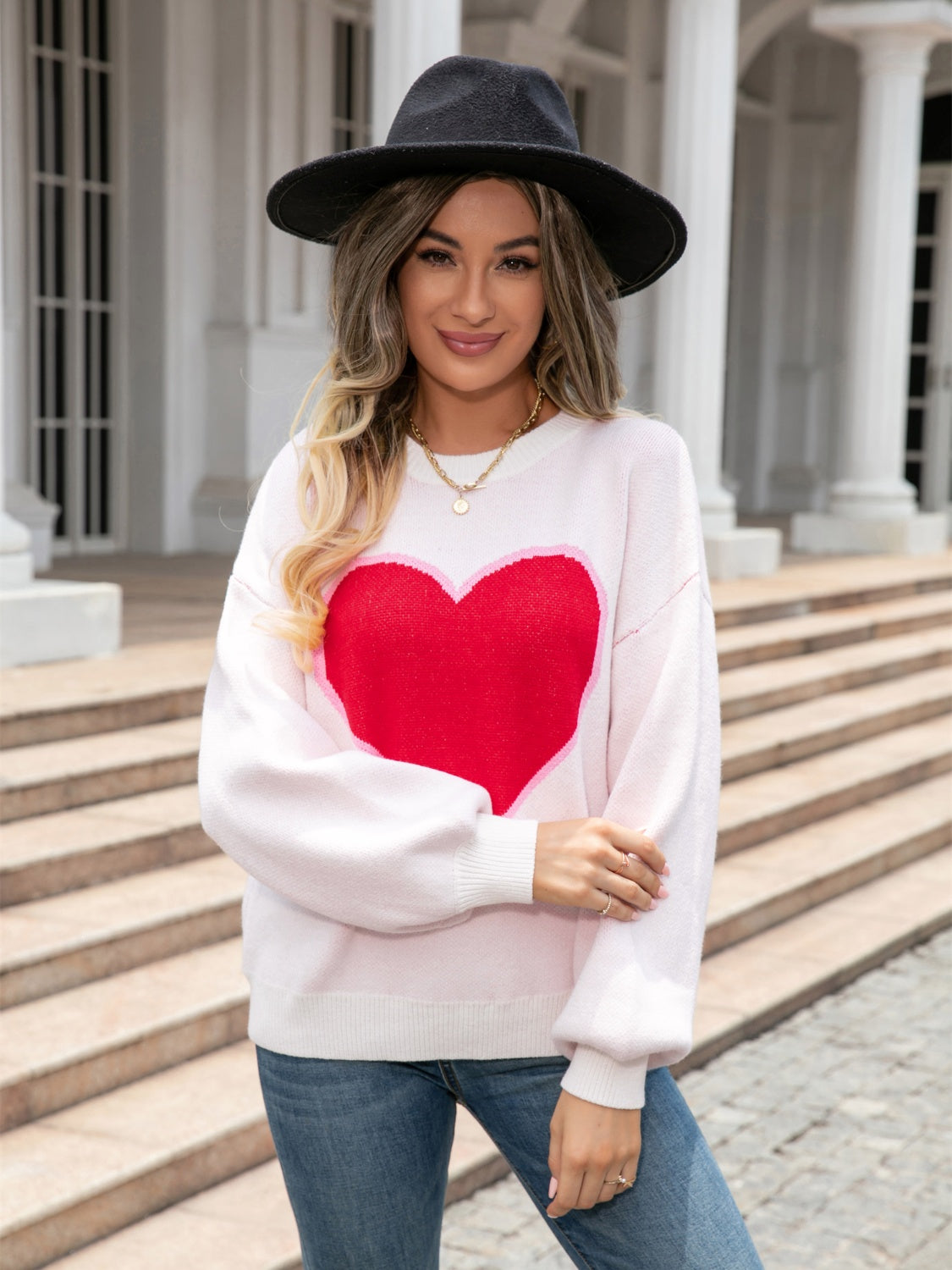 Heart Graphic Round Neck Sweater BLUE ZONE PLANET