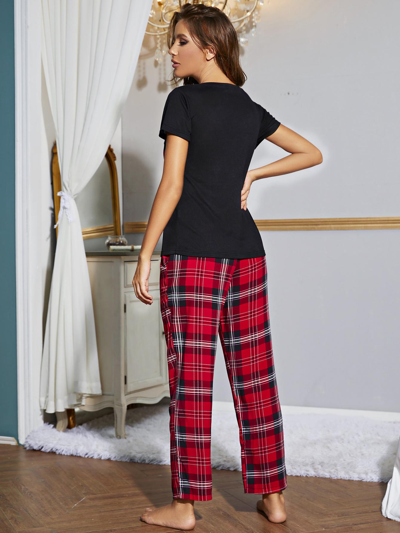 Heart Graphic V-Neck Top and Plaid Pants Lounge Set BLUE ZONE PLANET