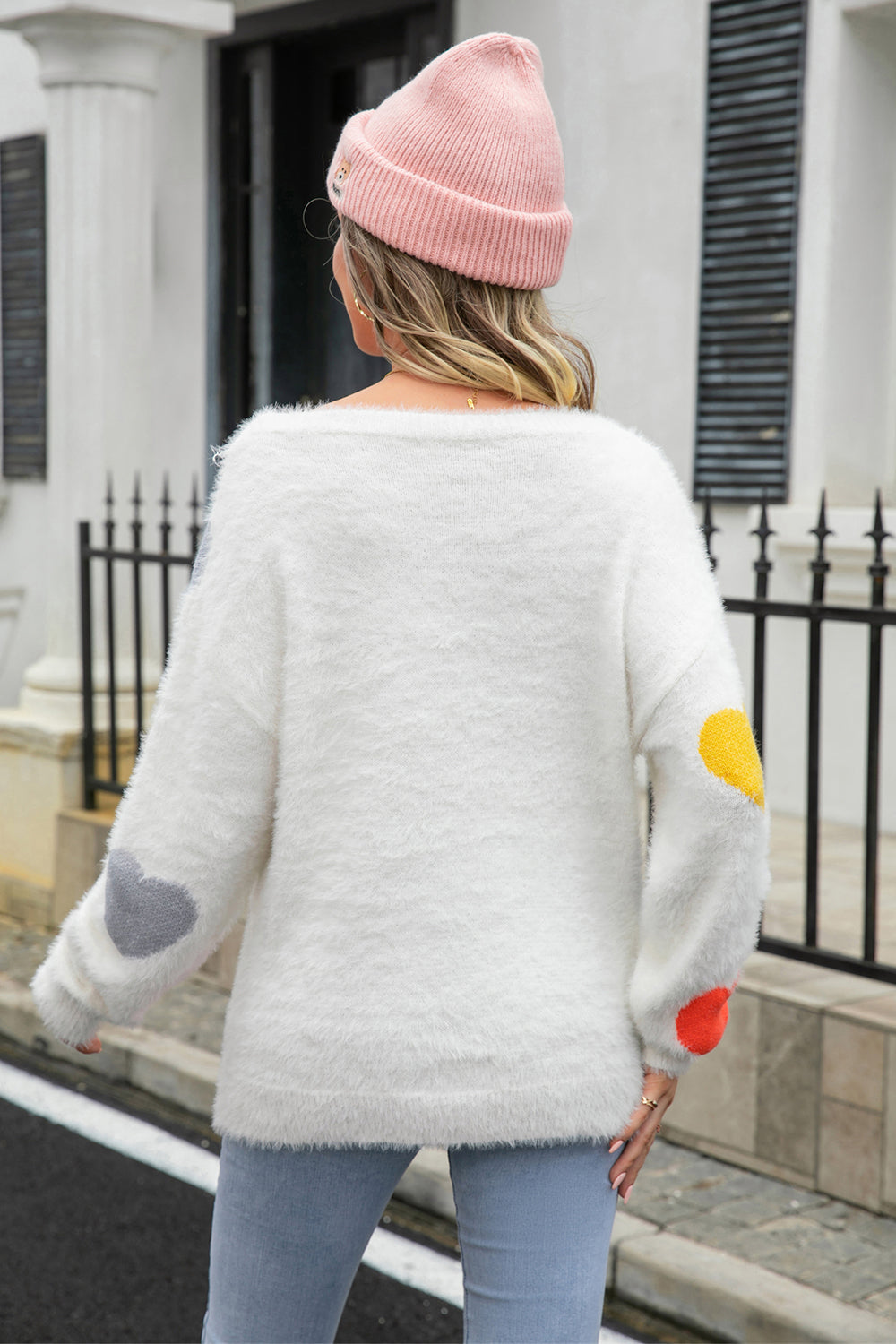 Heart Pattern Round Neck Long Sleeve Sweater BLUE ZONE PLANET