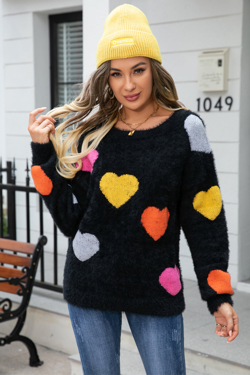 Heart Pattern Round Neck Long Sleeve Sweater BLUE ZONE PLANET