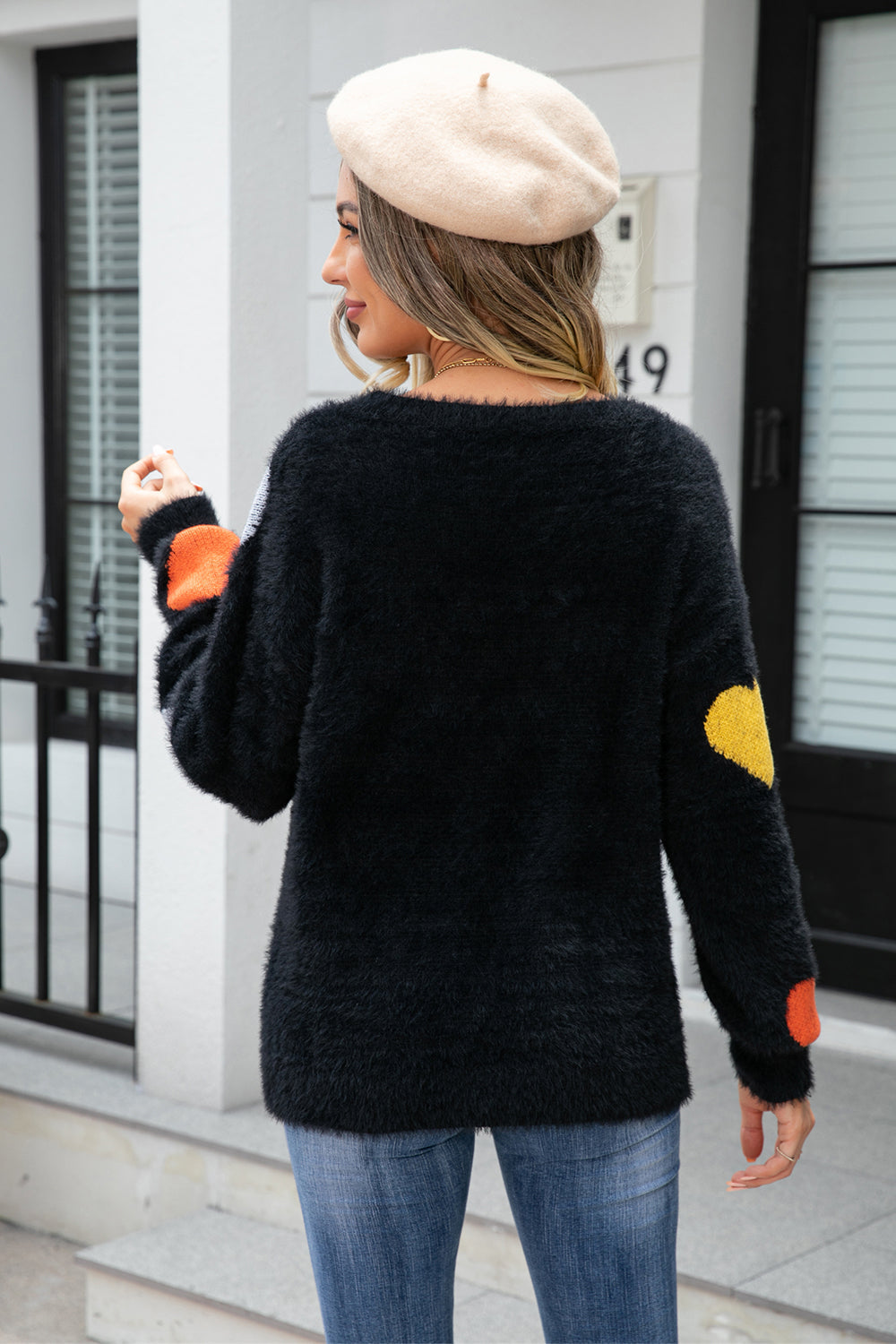 Heart Pattern Round Neck Long Sleeve Sweater BLUE ZONE PLANET