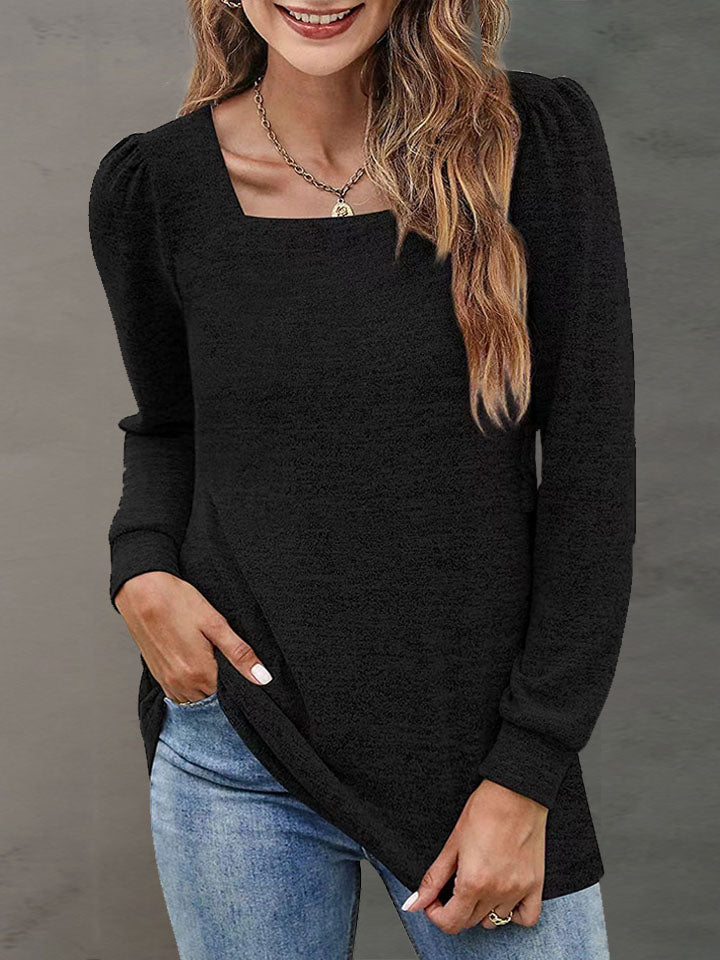 Heathered Square Neck Long Sleeve T-Shirt BLUE ZONE PLANET
