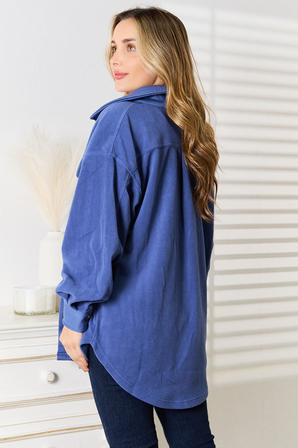 Heimish Cozy Girl Full Size Button Down Shacket BLUE ZONE PLANET