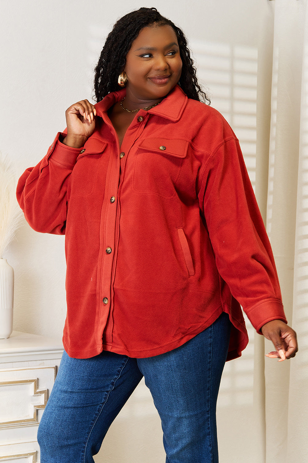 Heimish Cozy Girl Full Size Button Down Shacket BLUE ZONE PLANET