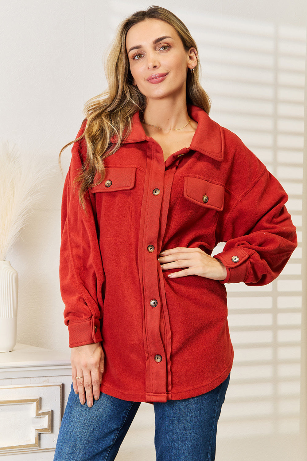 Heimish Cozy Girl Full Size Button Down Shacket BLUE ZONE PLANET