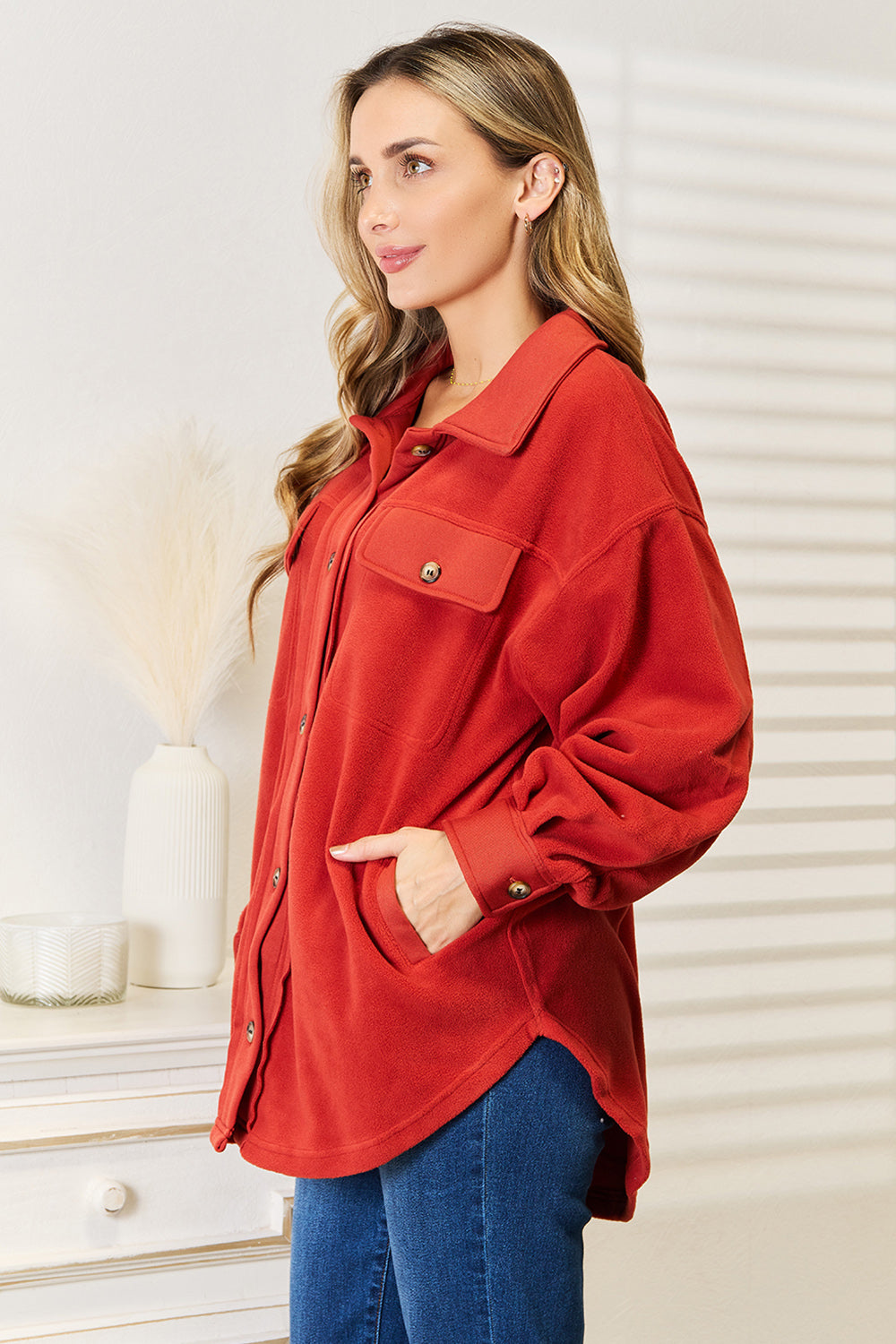 Heimish Cozy Girl Full Size Button Down Shacket BLUE ZONE PLANET