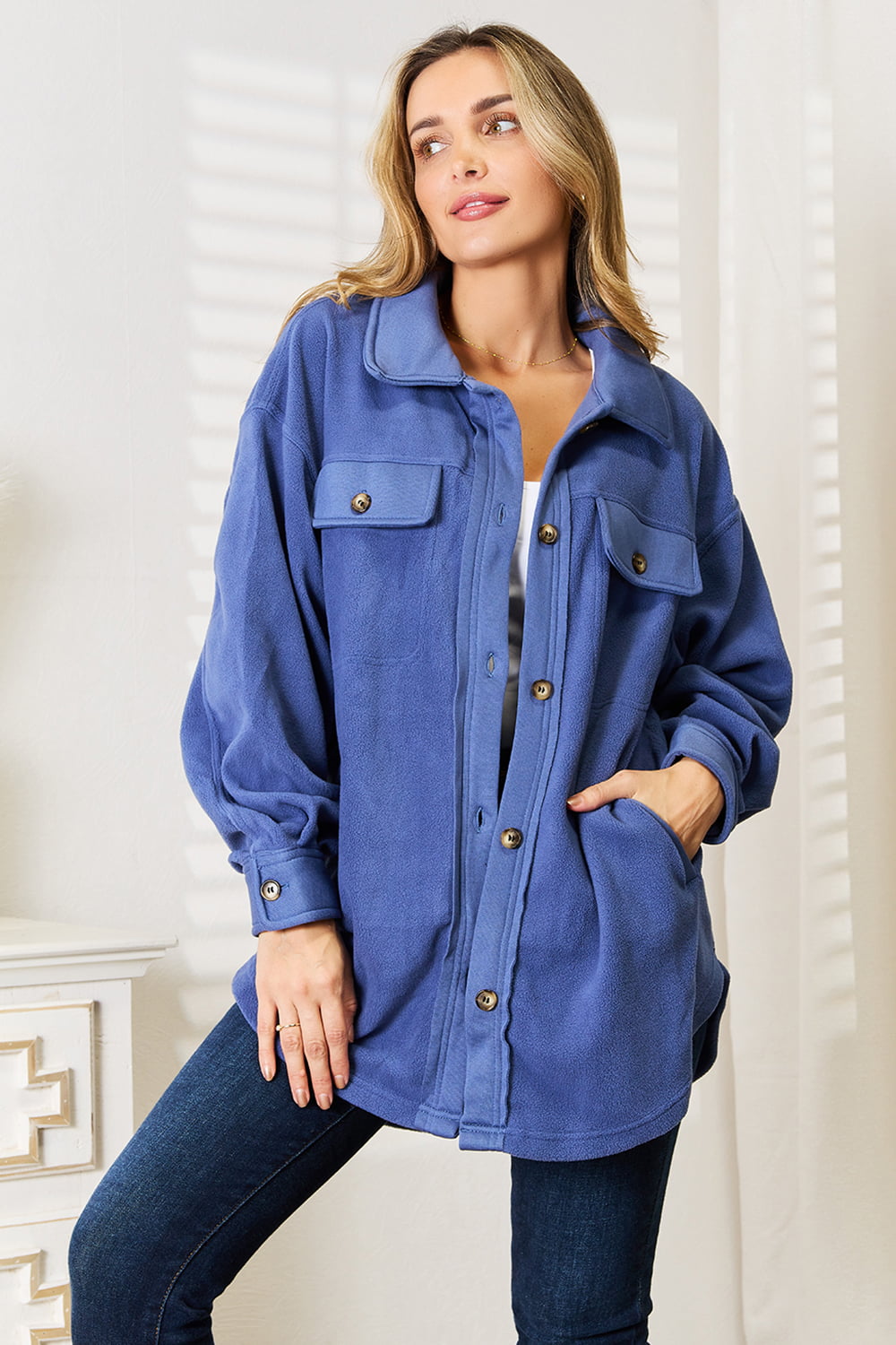 Heimish Cozy Girl Full Size Button Down Shacket BLUE ZONE PLANET