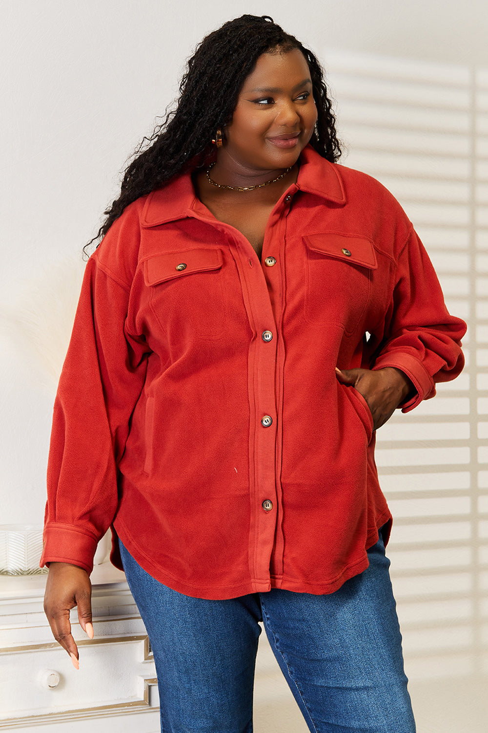 Heimish Cozy Girl Full Size Button Down Shacket BLUE ZONE PLANET