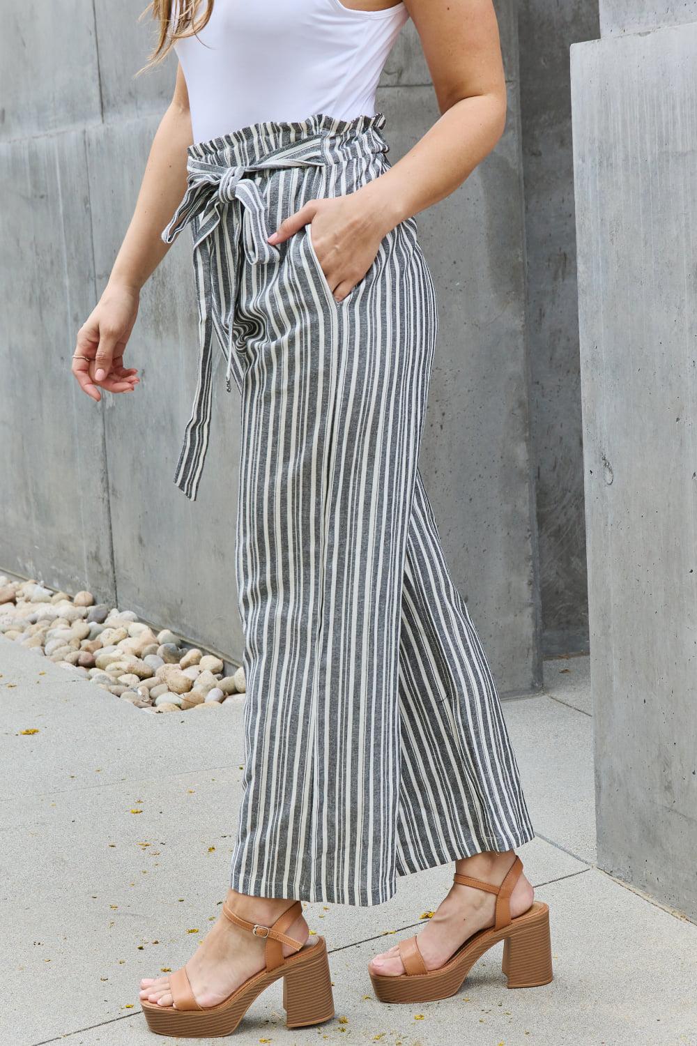 Heimish Find Your Path Full Size Paperbag Waist Striped Culotte Pants BLUE ZONE PLANET