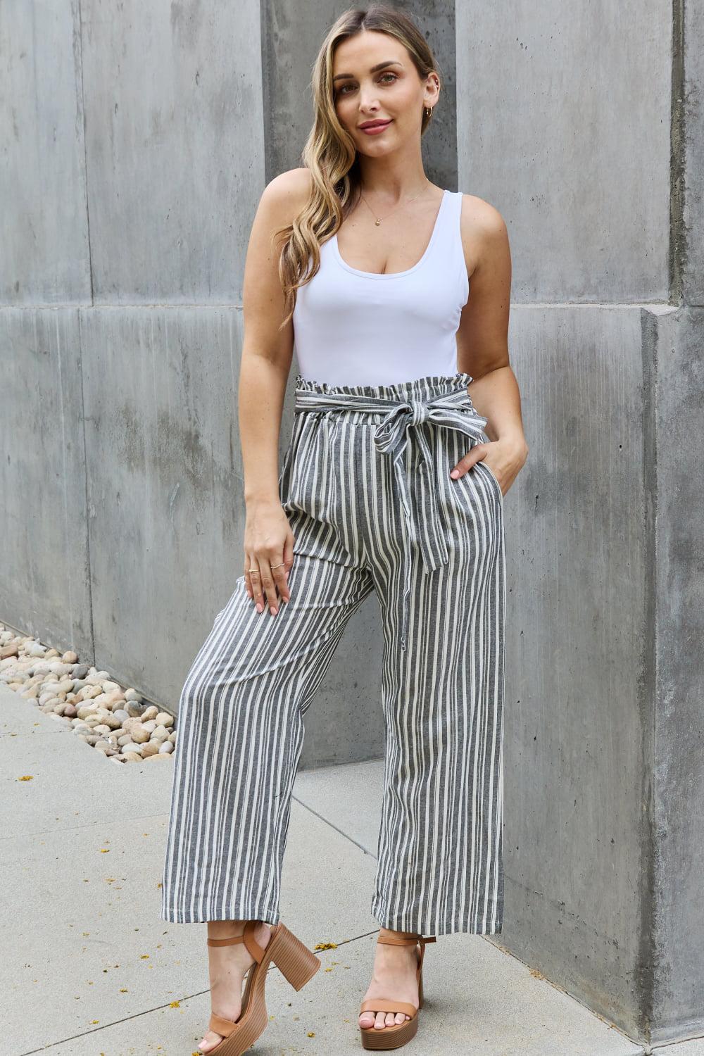 Heimish Find Your Path Full Size Paperbag Waist Striped Culotte Pants BLUE ZONE PLANET