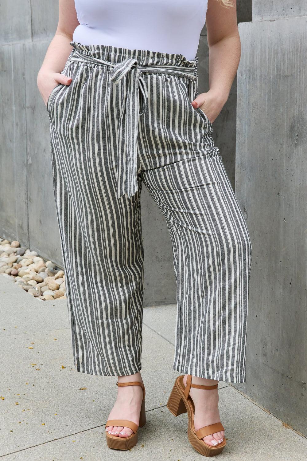 Heimish Find Your Path Full Size Paperbag Waist Striped Culotte Pants BLUE ZONE PLANET
